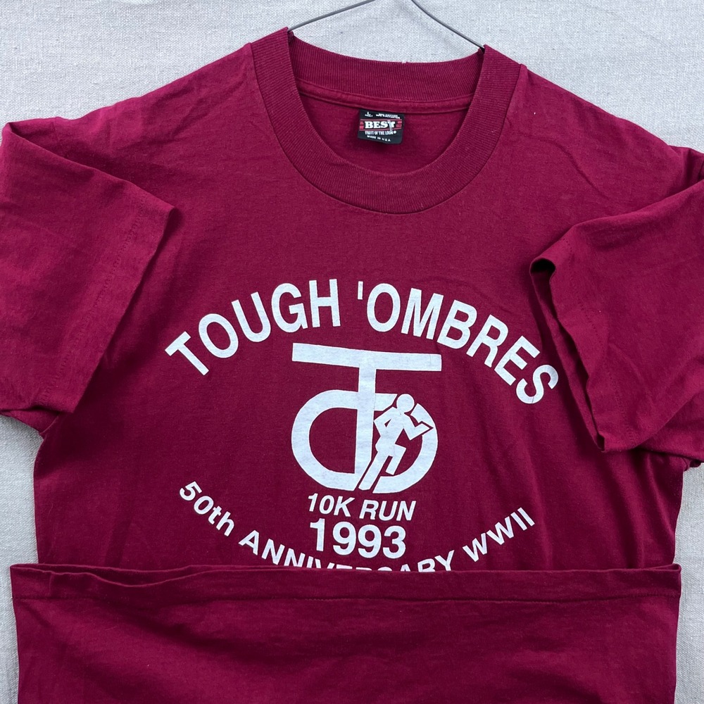 Vintage 1993 Tough Ombres WWII 10K Run T-Shirt Large Single Stitch Maroon 90s